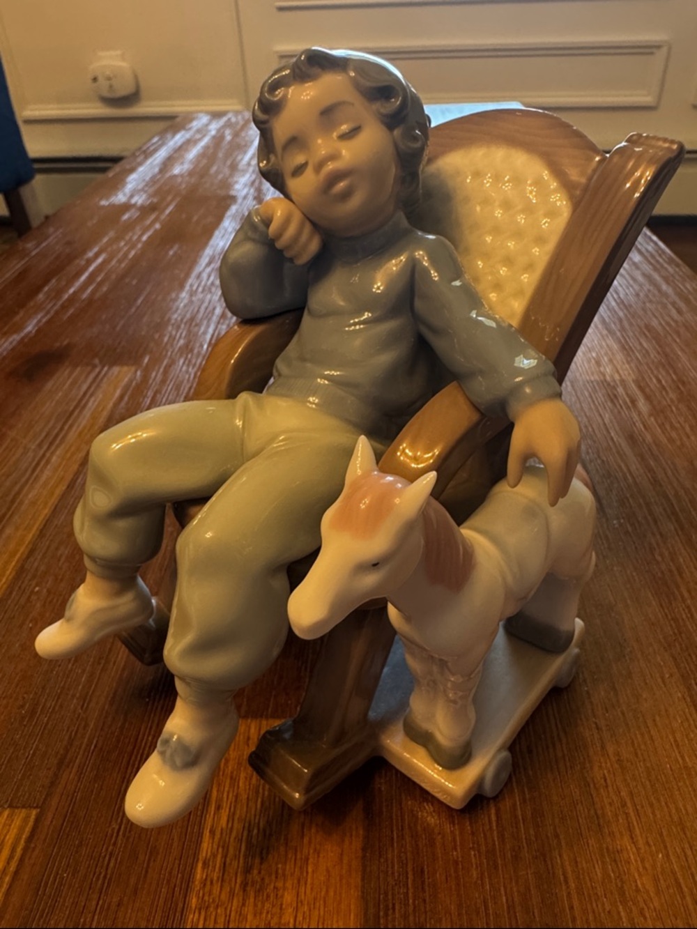 Lladro Porcelain Boy with Rocking Horse Figurine - Cream & Light Blue 5846